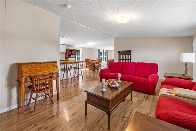 living room with a textured ceiling and light wood-type flooring