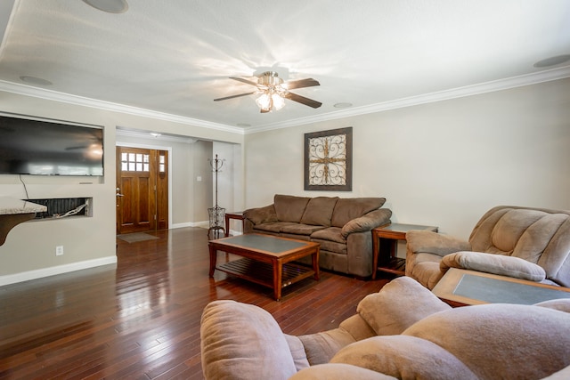 living room featuring crown molding, dark wood-type flooring, and ceiling fan