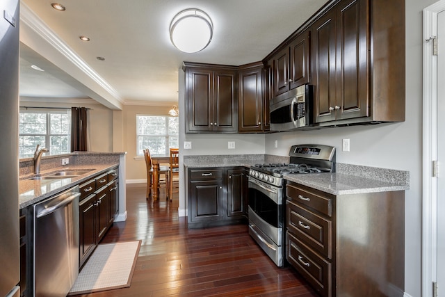 kitchen featuring dark wood-type flooring, stainless steel appliances, sink, light stone counters, and dark brown cabinetry