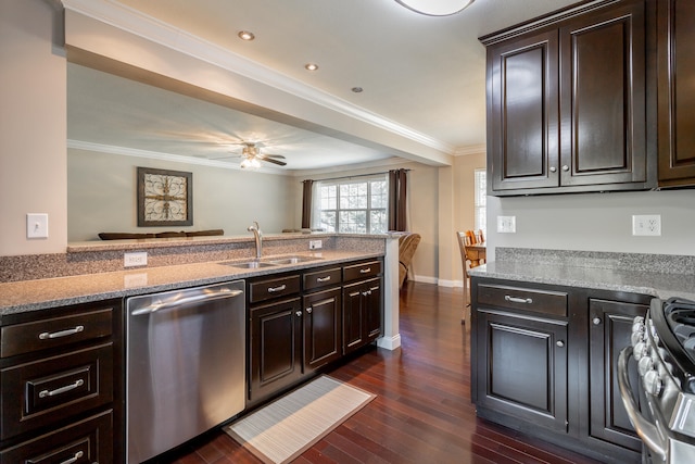 kitchen featuring dark brown cabinets, dark hardwood / wood-style flooring, sink, ceiling fan, and appliances with stainless steel finishes