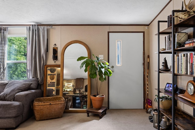 living area featuring carpet floors, a textured ceiling, and ornamental molding