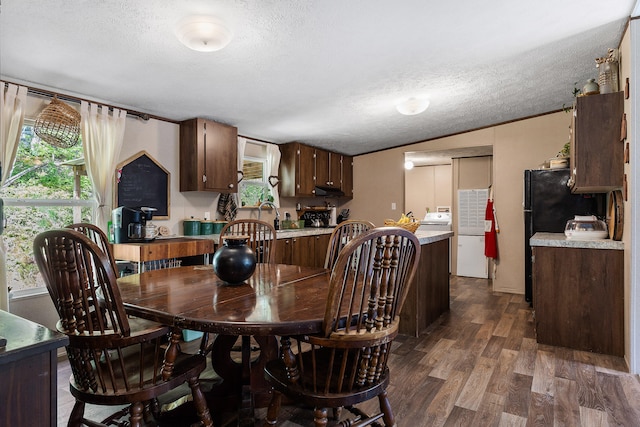 dining area with lofted ceiling, a textured ceiling, and dark wood-type flooring