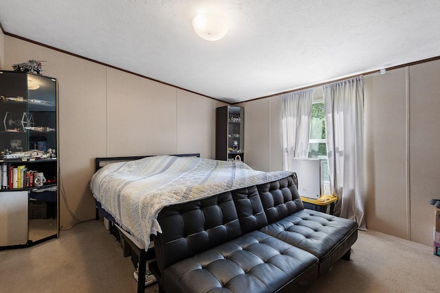 bedroom with ornamental molding and a textured ceiling