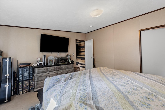 carpeted bedroom featuring a textured ceiling, lofted ceiling, and ornamental molding