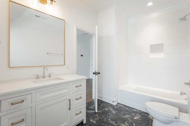 full bathroom featuring  shower combination, vanity, and toilet