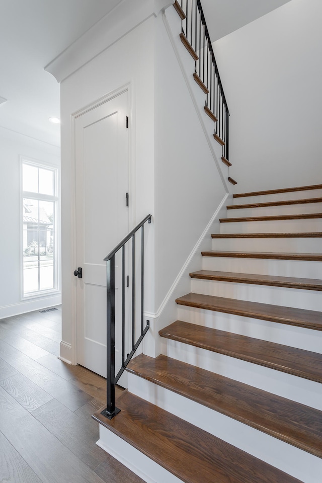 staircase featuring hardwood / wood-style flooring