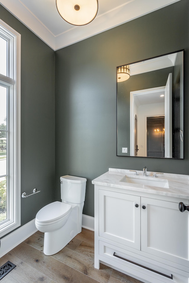 bathroom featuring hardwood / wood-style floors, vanity, and toilet