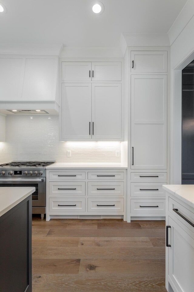 kitchen with decorative backsplash, white cabinets, high end stainless steel range oven, and light hardwood / wood-style floors