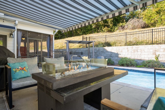 view of patio featuring a sunroom and a fenced in pool