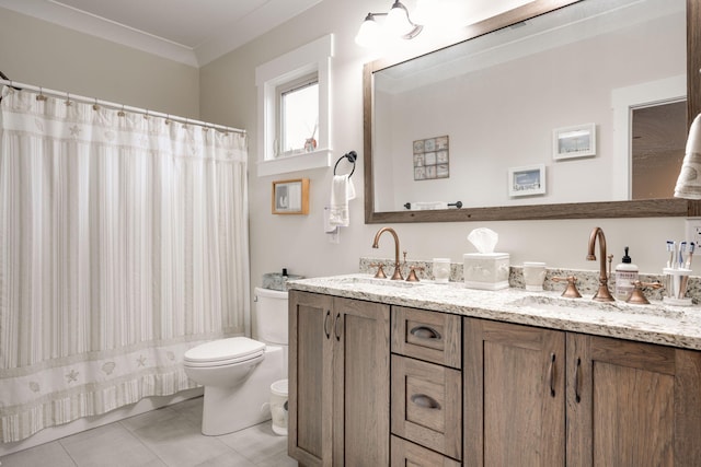 bathroom with tile patterned flooring, walk in shower, crown molding, vanity, and toilet