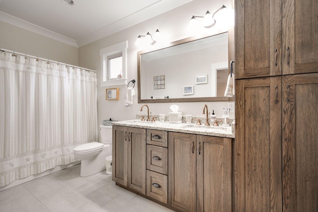 bathroom featuring vanity, walk in shower, ornamental molding, toilet, and tile patterned floors