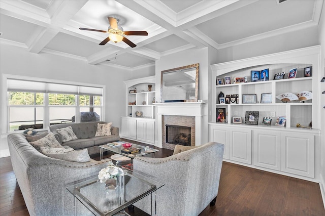 living room featuring coffered ceiling, ceiling fan, dark hardwood / wood-style floors, and beamed ceiling