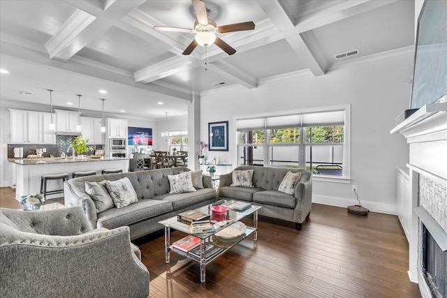 living room featuring ceiling fan, coffered ceiling, beam ceiling, and dark hardwood / wood-style flooring