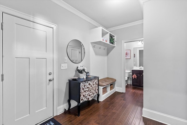 mudroom with dark hardwood / wood-style flooring and crown molding