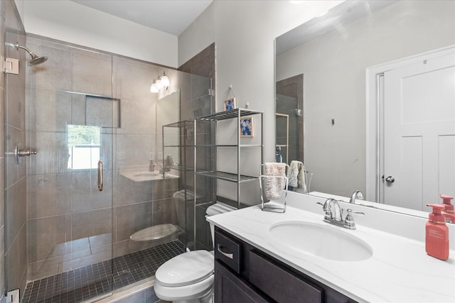 bathroom featuring vanity, toilet, and a shower with door