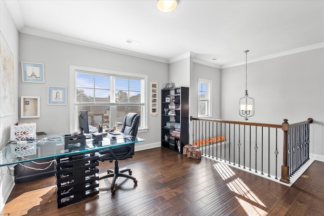 office featuring dark wood-type flooring, ornamental molding, and a chandelier