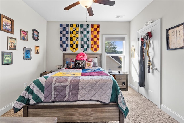 bedroom featuring carpet flooring and ceiling fan