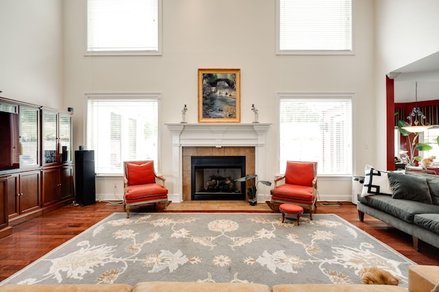 living room featuring a high ceiling, hardwood / wood-style floors, and a healthy amount of sunlight