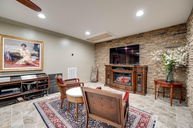 living room featuring crown molding