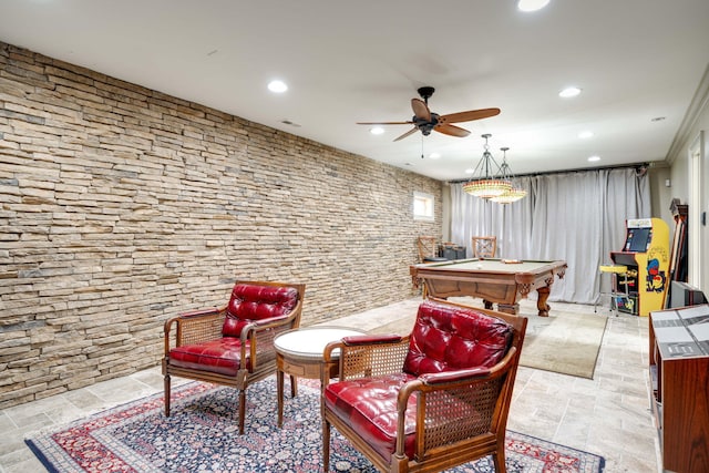 recreation room featuring pool table and ceiling fan