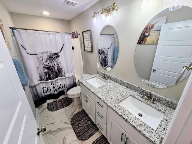 bathroom featuring vanity, a shower with shower curtain, and toilet