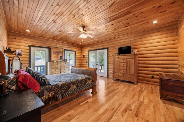 bedroom with multiple windows, rustic walls, light wood-style floors, wood ceiling, and access to exterior