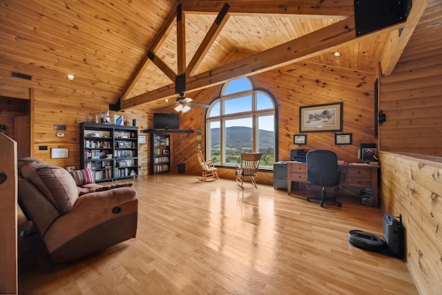 office space with hardwood / wood-style floors, wooden walls, high vaulted ceiling, wooden ceiling, and beamed ceiling