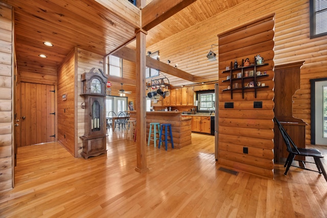 kitchen featuring visible vents, wood ceiling, and light wood-style flooring