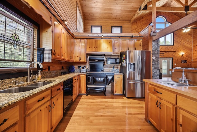 kitchen featuring a sink, black appliances, and wooden ceiling