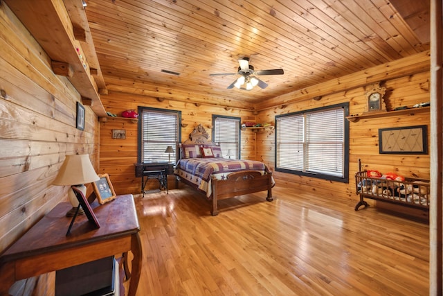 bedroom with light wood finished floors, wooden walls, multiple windows, and wooden ceiling