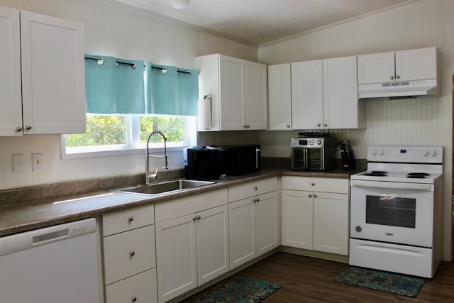 kitchen featuring dark hardwood / wood-style floors, sink, white cabinetry, a textured ceiling, and white appliances