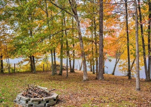 view of water feature featuring a fire pit