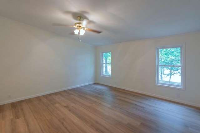 spare room featuring a wealth of natural light, ceiling fan, and light hardwood / wood-style floors