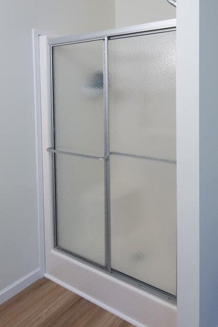 bathroom with wood-type flooring