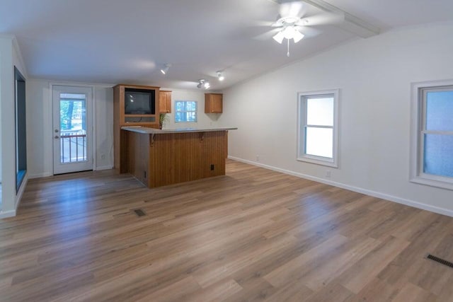 kitchen with lofted ceiling, a healthy amount of sunlight, ceiling fan, and light hardwood / wood-style flooring