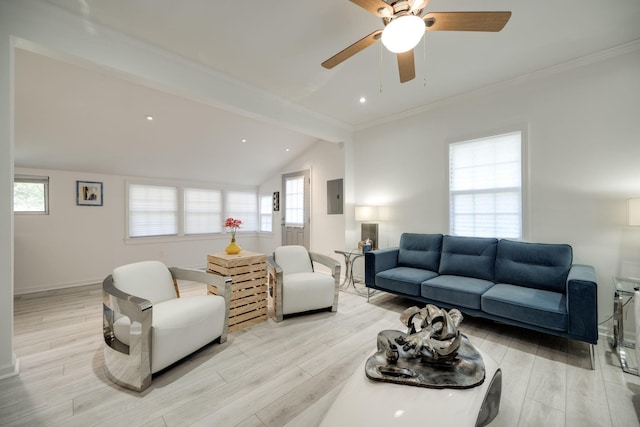 living room featuring vaulted ceiling with beams, electric panel, crown molding, and light hardwood / wood-style floors