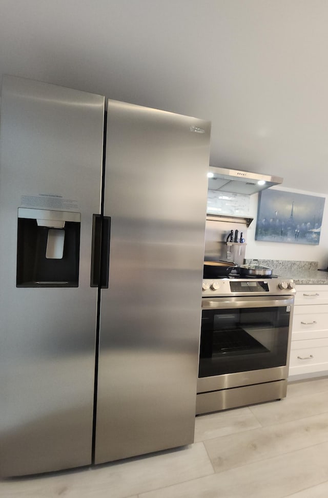 kitchen featuring white cabinets, ventilation hood, light wood-type flooring, and stainless steel appliances