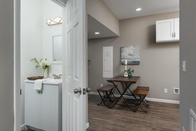 dining area with dark wood-type flooring