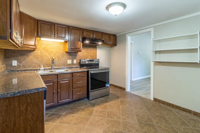 kitchen featuring ornamental molding, electric stove, backsplash, and sink