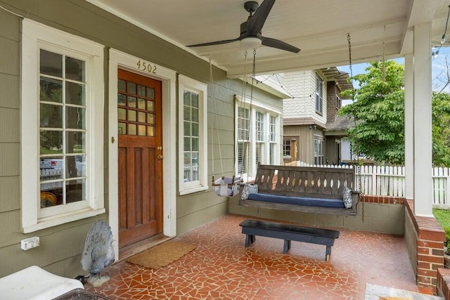 view of patio / terrace featuring ceiling fan and covered porch