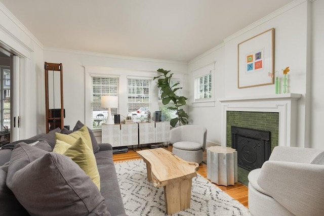 living room with ornamental molding and light wood-type flooring