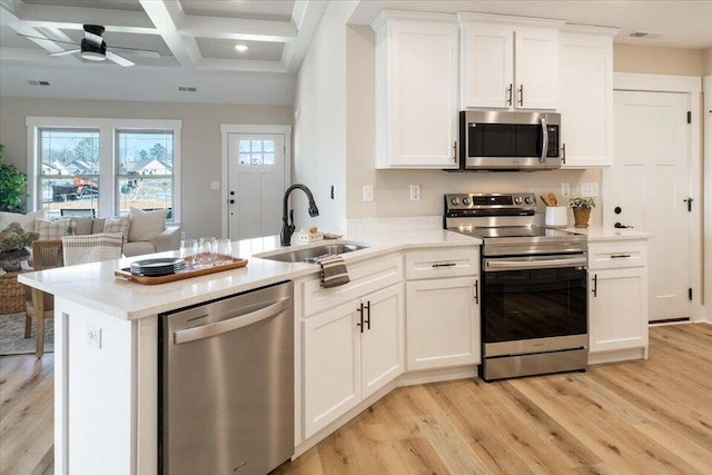 kitchen featuring white cabinetry, appliances with stainless steel finishes, coffered ceiling, and ceiling fan