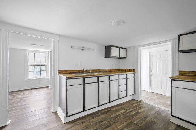 kitchen with butcher block countertops, dark hardwood / wood-style floors, gray cabinets, and sink