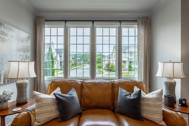 living room with crown molding and a healthy amount of sunlight