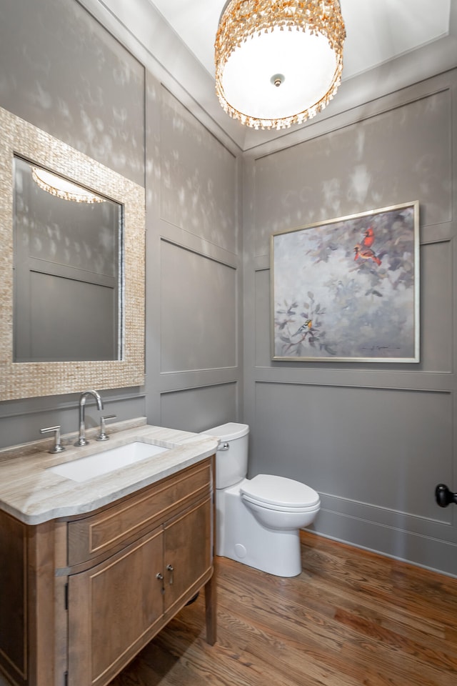 bathroom featuring vanity, toilet, and wood-type flooring