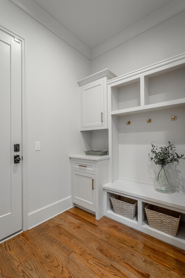 mudroom with ornamental molding and light wood-type flooring