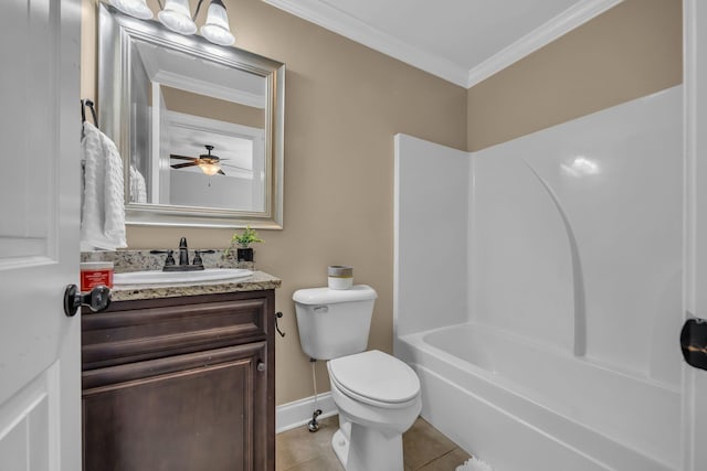 full bathroom featuring ceiling fan, tile patterned floors, crown molding, toilet, and vanity