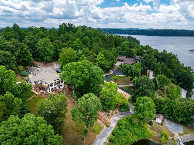 drone / aerial view with a water view