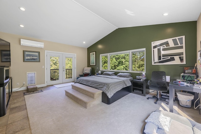 bedroom with access to outside, lofted ceiling, french doors, and a wall mounted AC