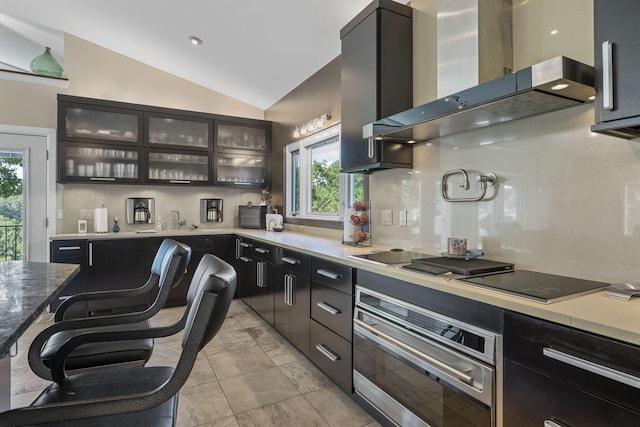 kitchen featuring wall chimney exhaust hood, stainless steel oven, lofted ceiling, and a healthy amount of sunlight